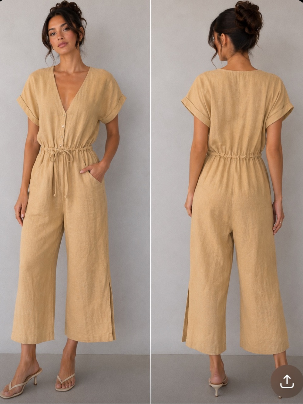 Bloomingdale’s Elan Linen Blend Drawstring Camel Jumpsuit | Resort | Vacation
